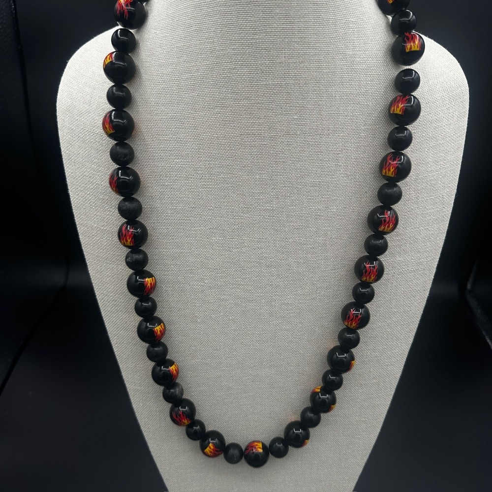 Vintage Handmade Black Flame Beaded Necklace Hot Rod Rockabilly Style Fashion